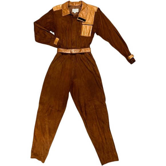 Liz Roberts Vintage 1970s Leather Coverall Jumpsuit Size M Brown Western Utility - Picture 1 of 16